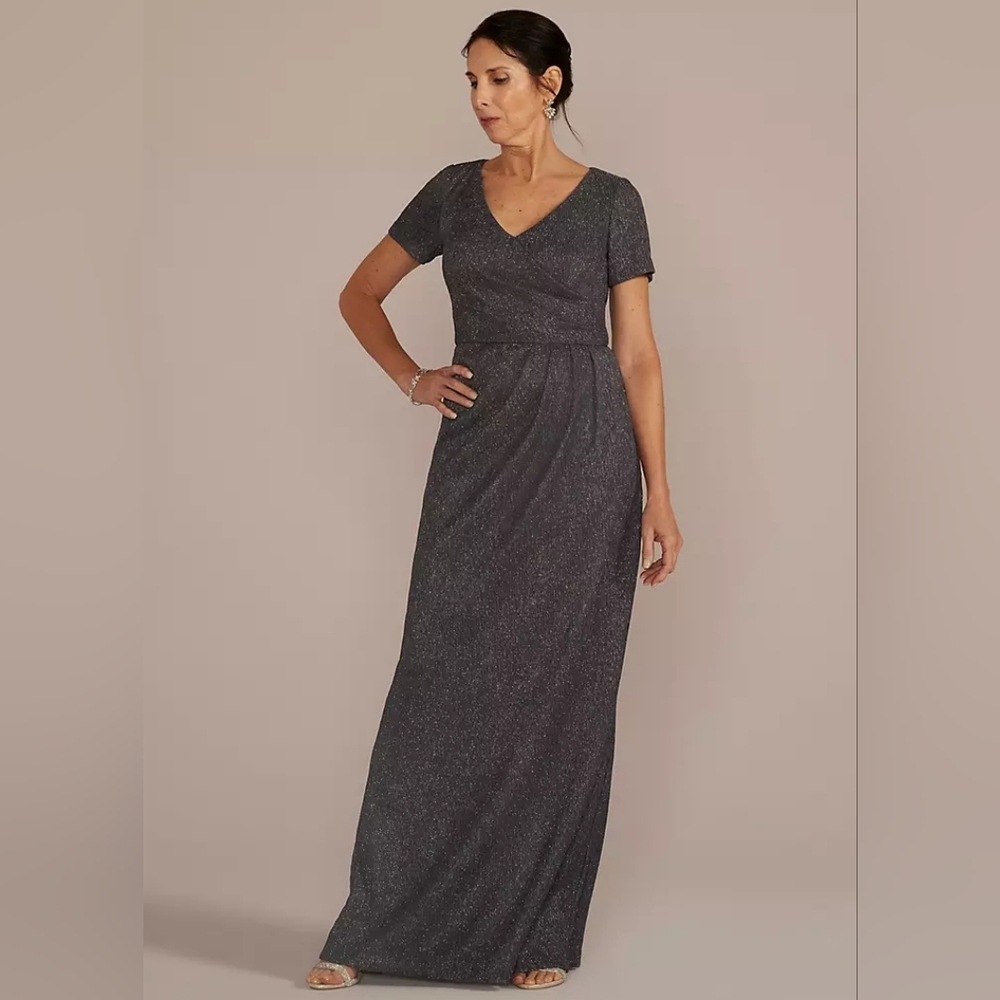 Oleg Cassini Maxi Dress V Neck Charcoal Glitter 16 Formal Wedding Event NEW